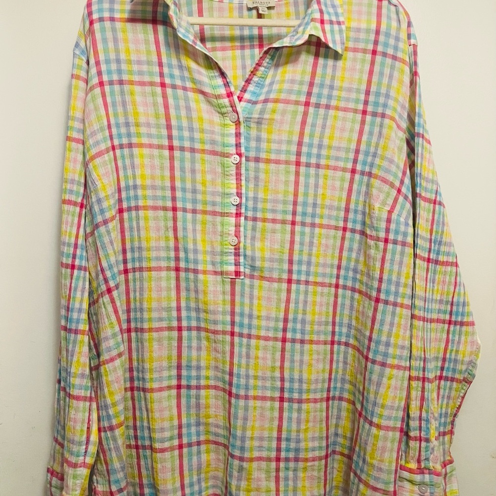 Talbots Multicolor Pastel Plaid Button Pullover
